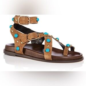 AQUA x Ava Phillippe‎ Brown Suede blue Gem Embellished Gladiator Sandals Size 8